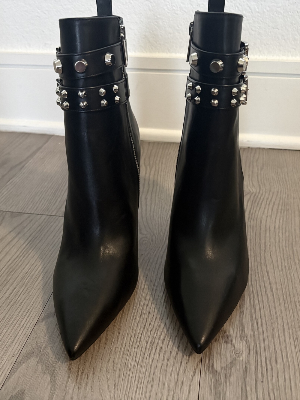 Michael Kors Black Pointed Leather Ankle Booties with Studded Strap Detail